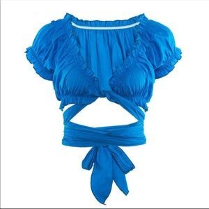 Blue ruffle tie around crop top